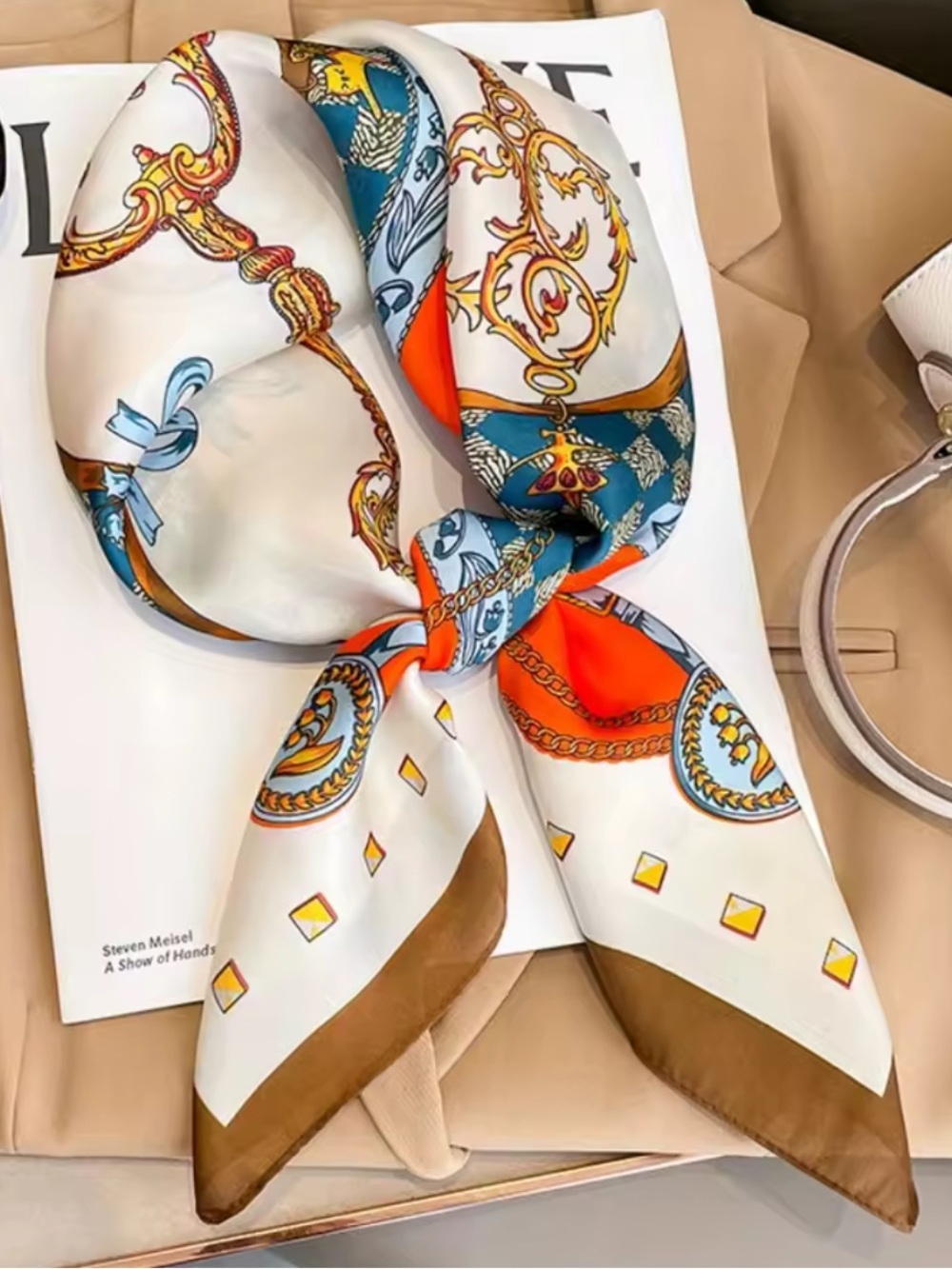 New Elegant Printed Silk-Look Scarf in White, Blue & Orange 70 cm